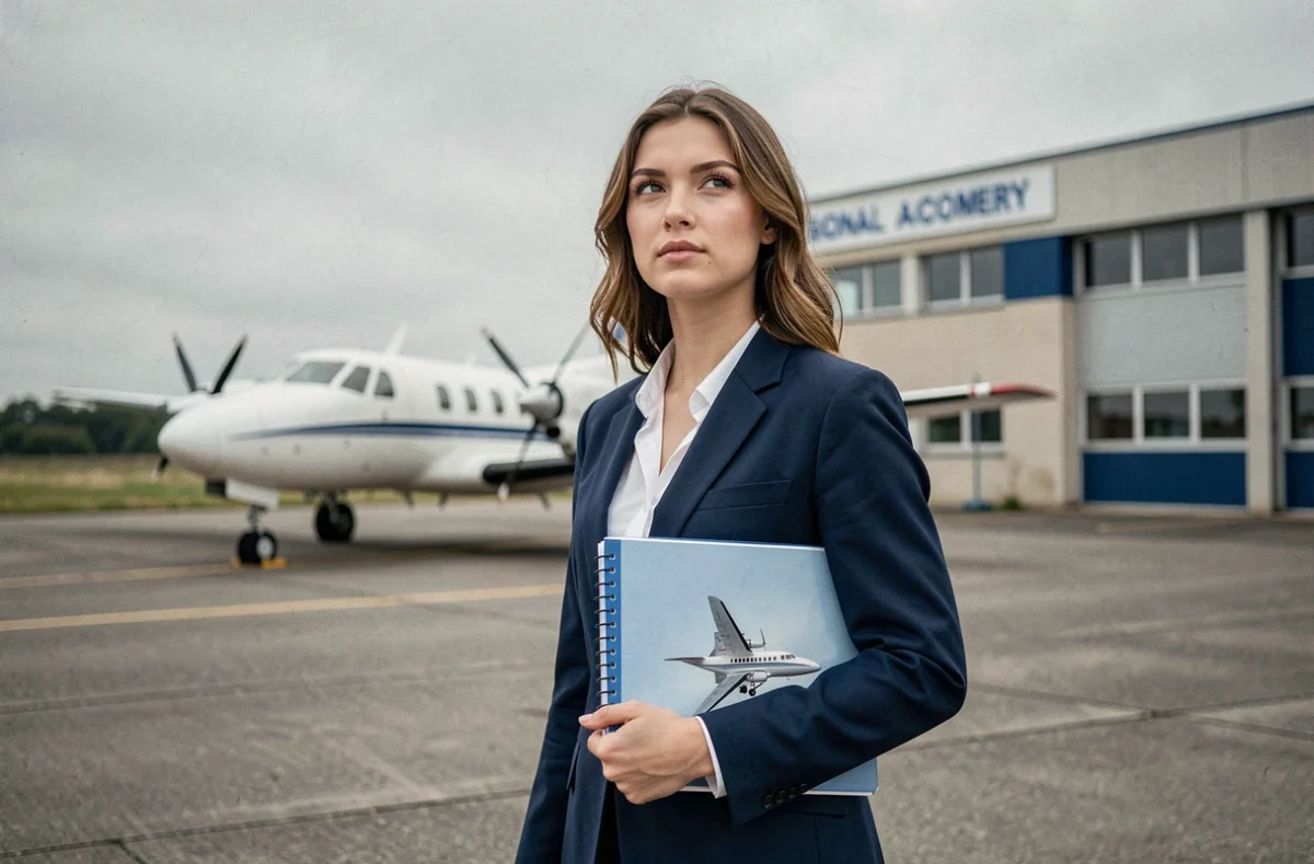 Jeune femme pilote devant une école de formation aéronautique explorant de nouvelles opportunités après un refus cadet Air France