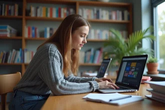 Jeune femme en étude universitaire utilisant un ordinateur portable