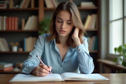 Jeune femme étudiant la grammaire française à son bureau