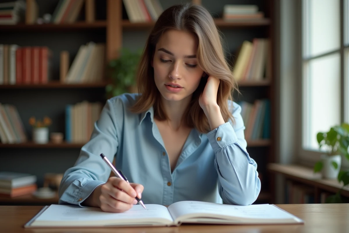 Jeune femme étudiant la grammaire française à son bureau