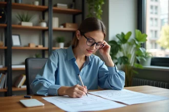Jeune femme en bureau moderne avec livres et plantes