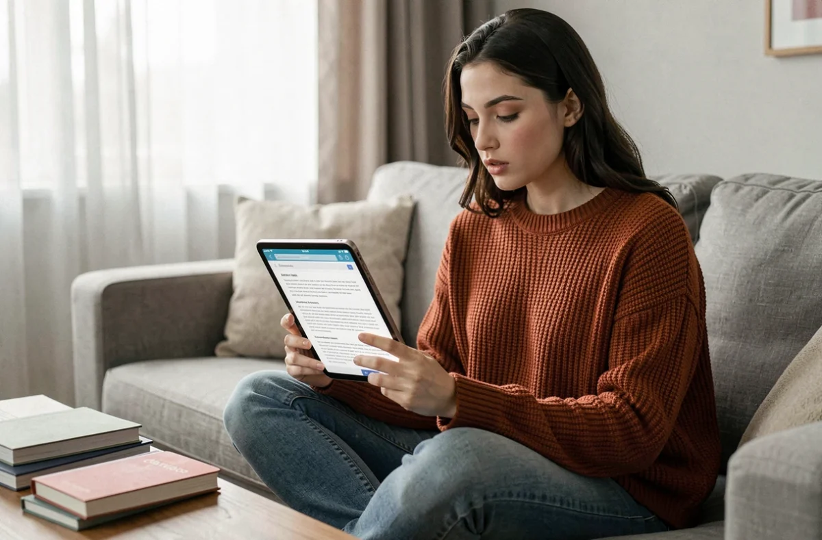 Jeune femme lisant une fiche métier sur une tablette depuis son salon