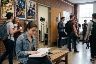Jeune femme concentrée dans une école de cinéma
