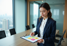 Marketing : comprendre les 4P pour augmenter ses ventes Jeune femme d'affaires arrangeant des cartes marketing dans un bureau moderne