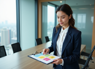 Jeune femme d'affaires arrangeant des cartes marketing dans un bureau moderne