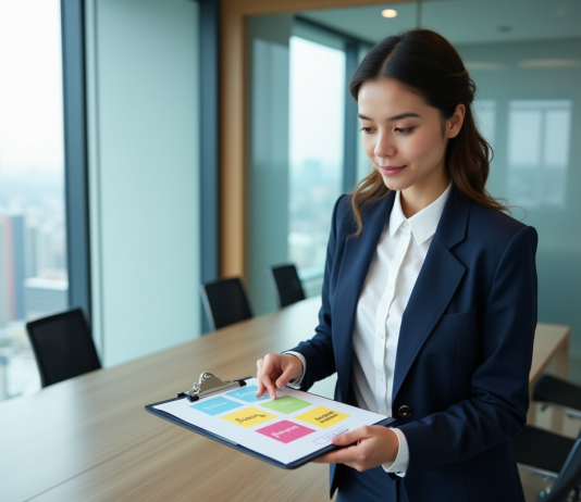 Jeune femme d'affaires arrangeant des cartes marketing dans un bureau moderne