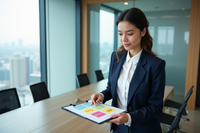 jeune-femme-marketing-etoile Jeune femme d'affaires arrangeant des cartes marketing dans un bureau moderne