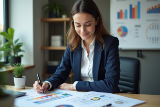 Jeune femme en bureau analysant des graphiques marketing