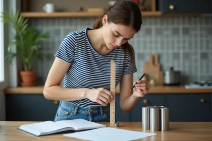 Jeune femme mesure un cylindre en cuisine avec un règle