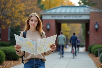 Jeune femme avec carte devant l'entrée du MIT