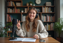 Conseils pour réussir un podcast : les clés d’une émission de qualité Jeune femme souriante en podcast dans un bureau moderne