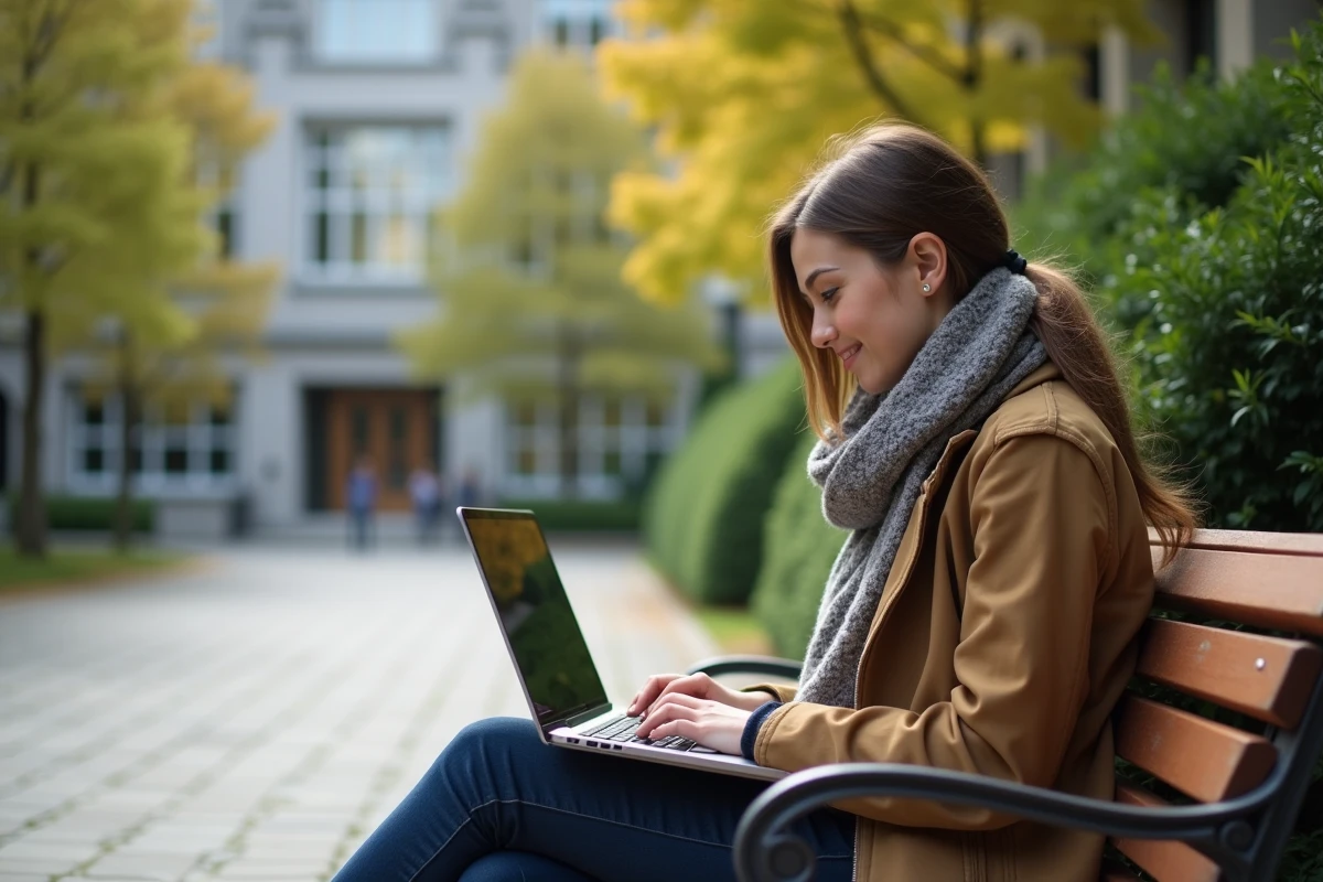 Jeune femme étudiant sur un banc regardant le portail universitaire