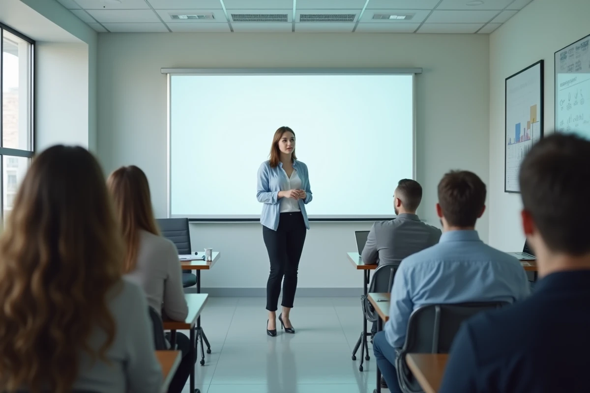 Jeune femme présentant devant un tableau blanc digital