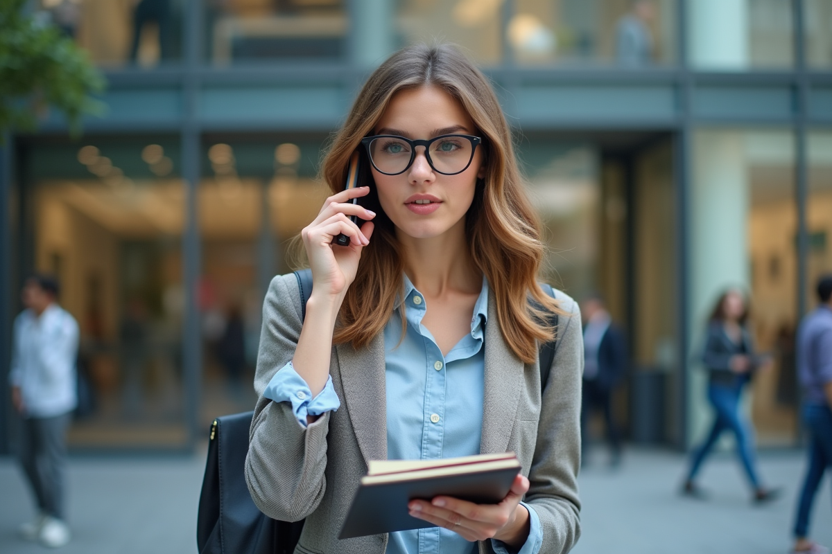 Jeune femme créative parlant au téléphone dehors