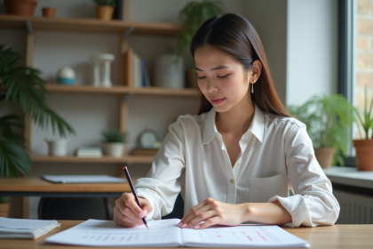 Jeune femme remplissant un test IQ dans un bureau calme