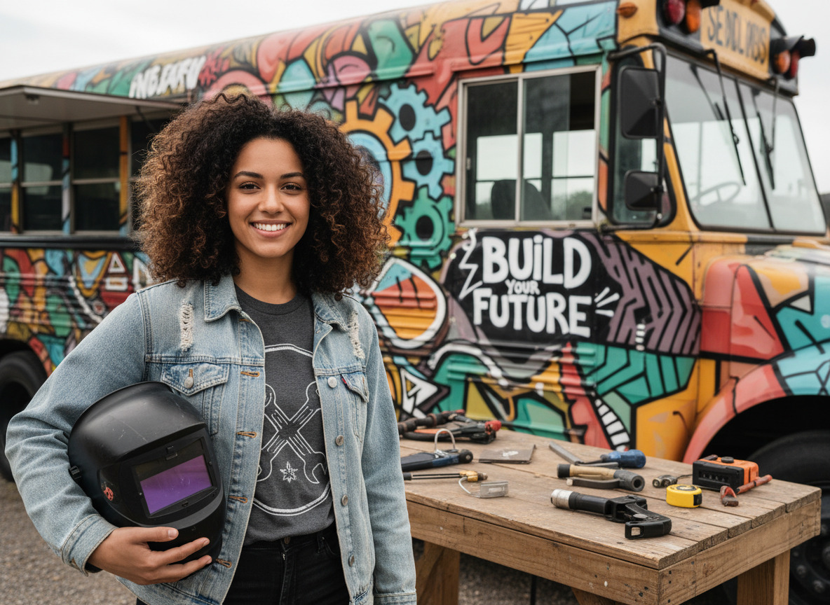 Jeune femme souriante devant un food truck transformé en atelier