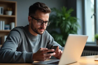 Jeune homme concentré vérifiant ses paramètres de sécurité