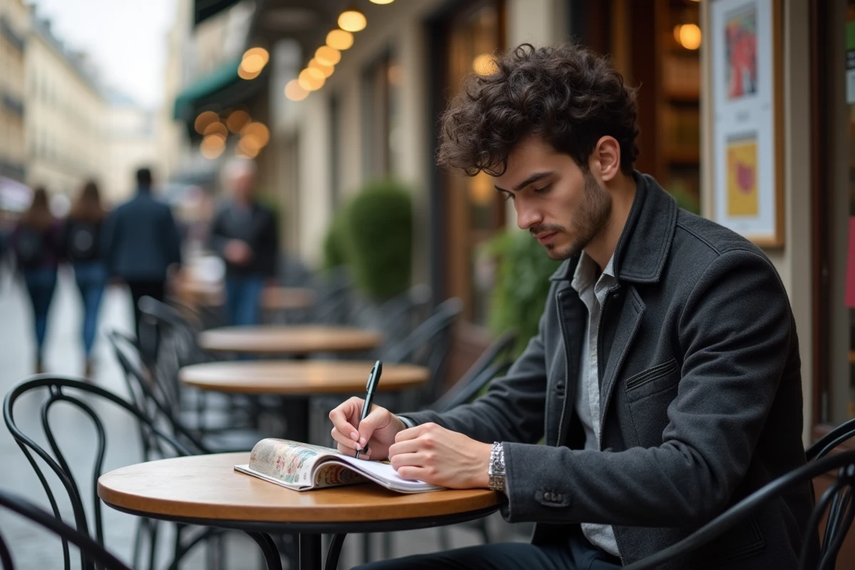 Jeune homme lisant brochure au café dans un quartier parisien