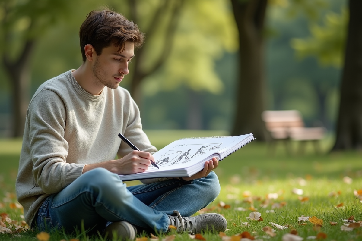 Jeune homme dessinant un diagramme dans un parc verdoyant