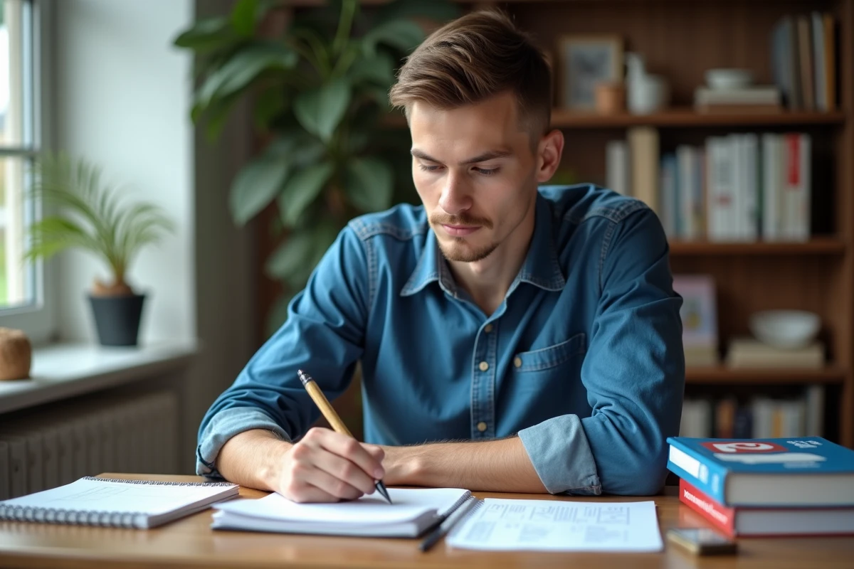Jeune homme concentré à étudier pour le permis de conduire
