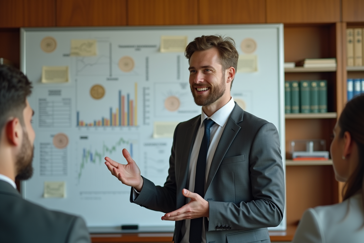 Jeune homme expliquant des concepts financiers en classe