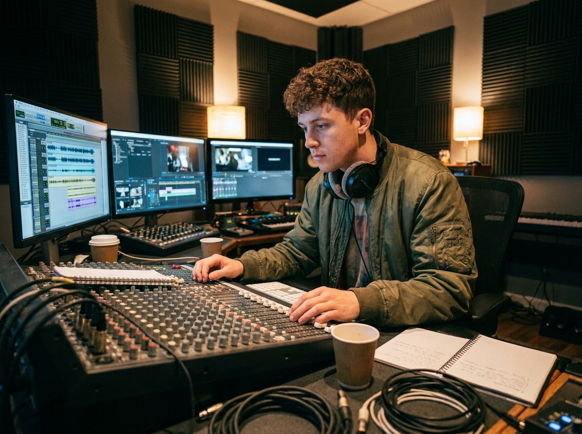 Jeune homme au pupitre de mixage sonore dans un studio de post-production, parcours alternatif vers les métiers du cinéma