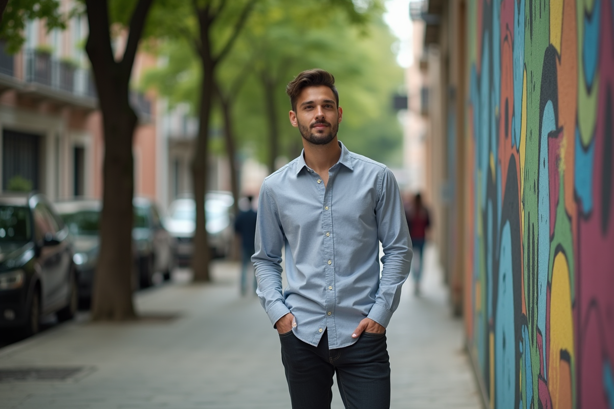 Jeune homme regardant un mural dans une rue urbaine