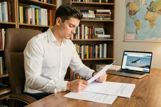 Jeune homme déterminé révisant des documents d'aviation à son bureau après un échec au concours Air France cadet