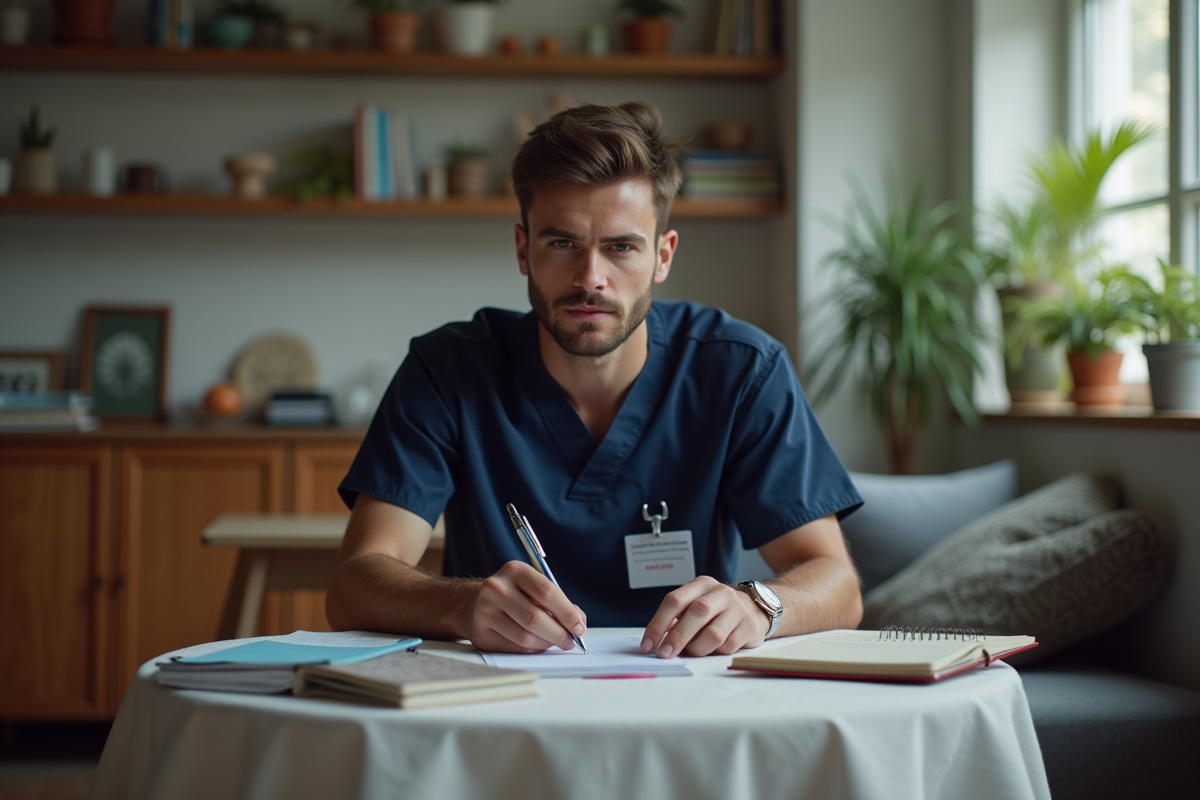Jeune homme en scrubs prenant des notes à la maison