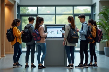 Groupe de lycéens autour d'un kiosque numérique dans un hall moderne