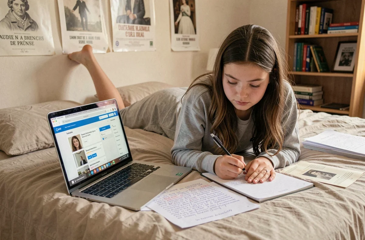Lycéenne utilisant la plateforme Les Sherpas pour du soutien scolaire en ligne depuis sa chambre