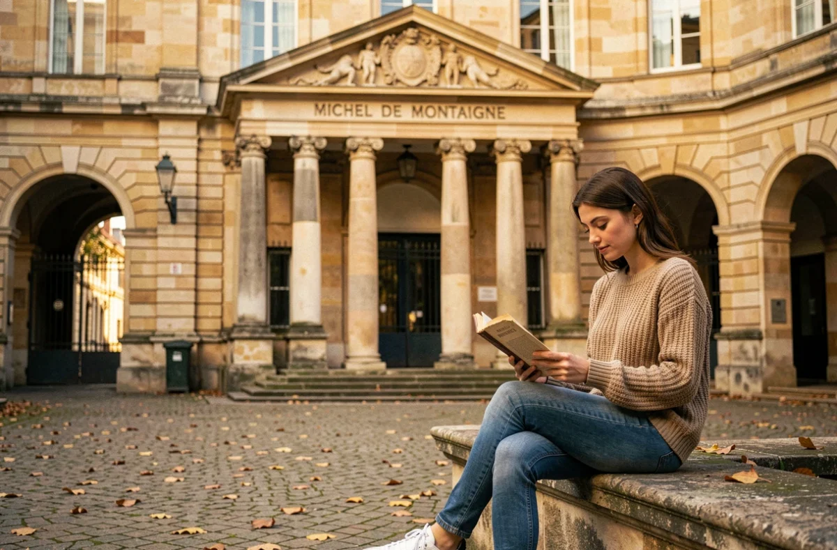 Cour du lycée Michel de Montaigne à Bordeaux avec une étudiante lisant un livre