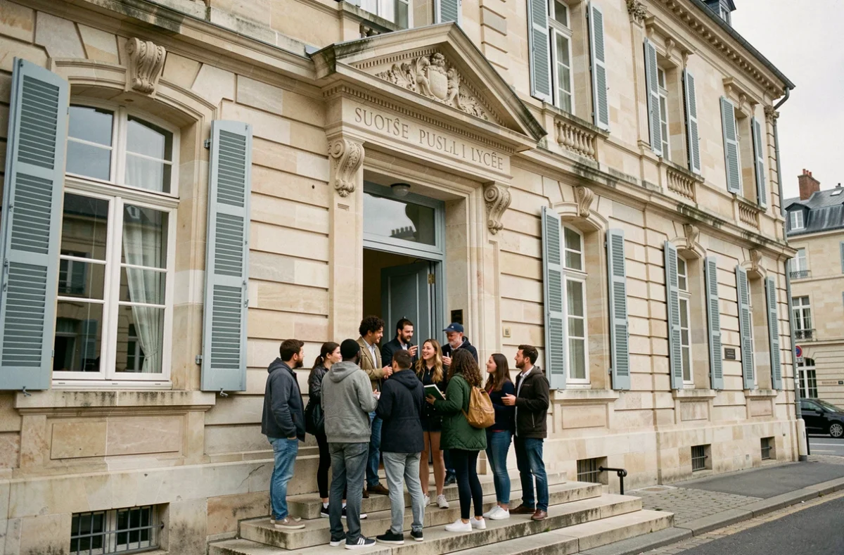 Façade du lycée Montesquieu à Bordeaux avec des élèves sur les marches de l'entrée principale