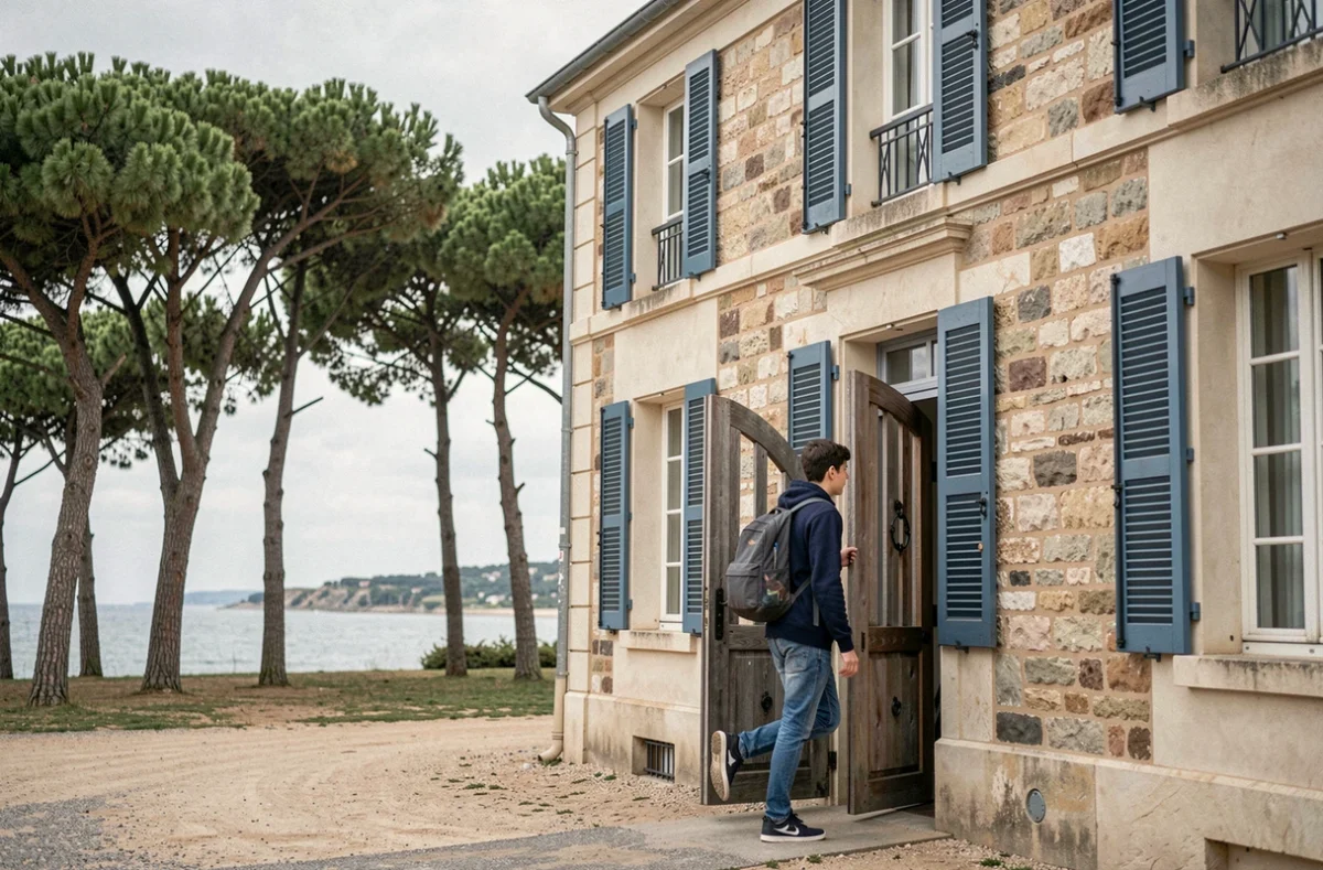 Entrée du lycée Saint-Elme à Arcachon avec un élève et vue sur la végétation du bassin
