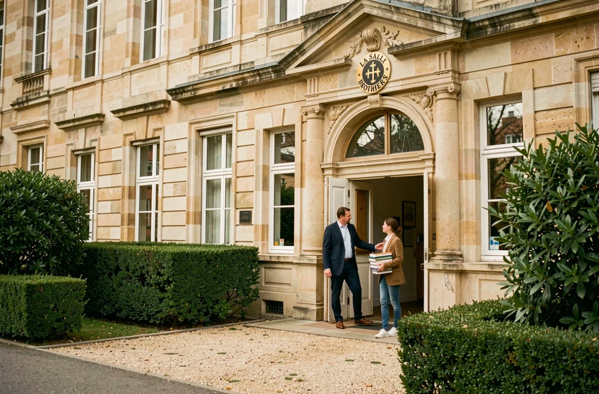 Façade du lycée Saint-Genès La Salle à Bordeaux avec un enseignant et un élève à l'entrée