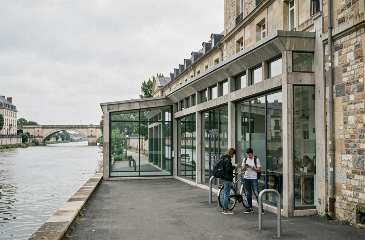 Vue du lycée Sainte-Marie Bastide à Bordeaux avec la rive de la Garonne en arrière-plan