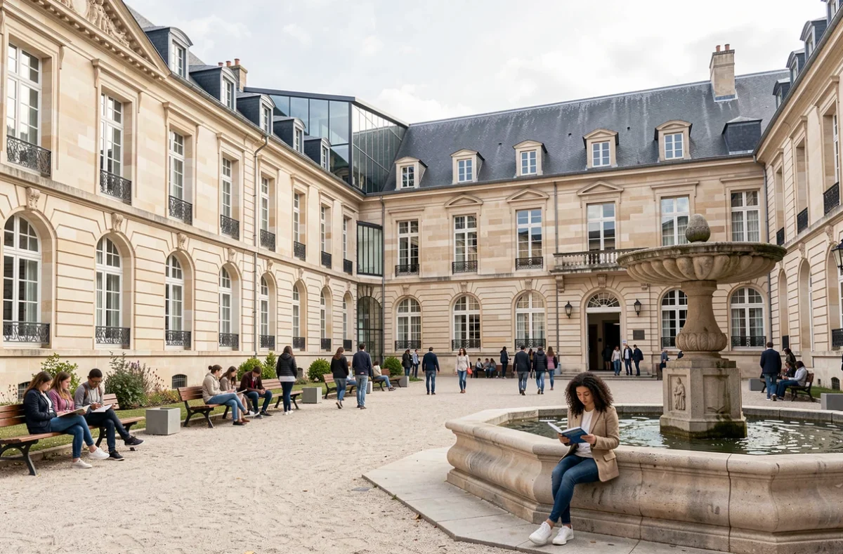 Cour intérieure du lycée Sainte-Marie Grand Lebrun à Bordeaux avec étudiants et architecture en pierre