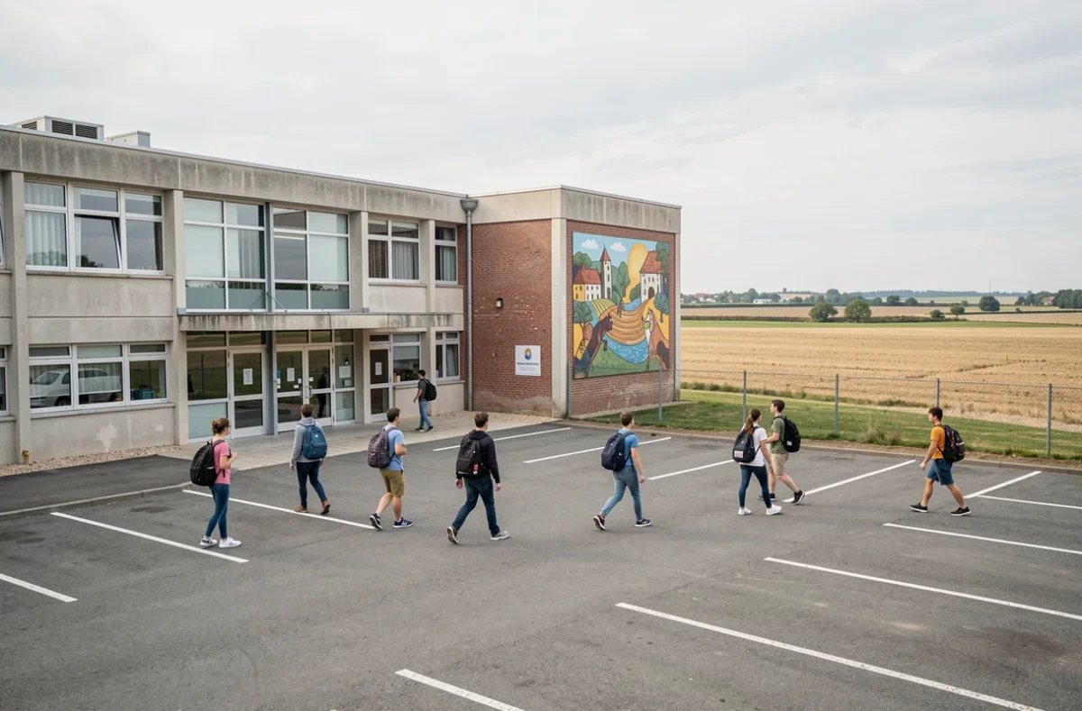 Entrée du lycée Sud Gironde à Langon avec des élèves et le paysage agricole girondin en fond