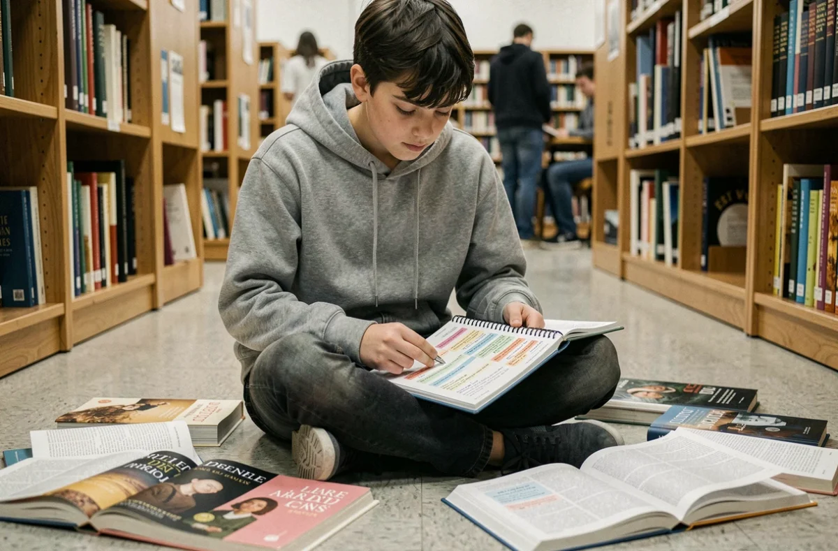 Lycéen révisant un commentaire composé de poésie entouré de livres dans une bibliothèque scolaire