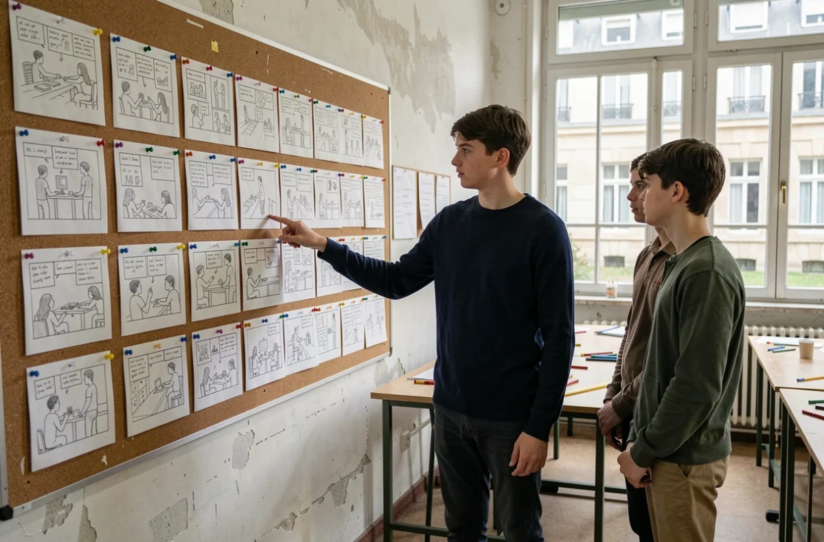 Lycéen présentant un storyboard dessiné à la main à ses camarades dans une salle d'art d'un lycée français pour préparer les concours de l'école des Gobelins
