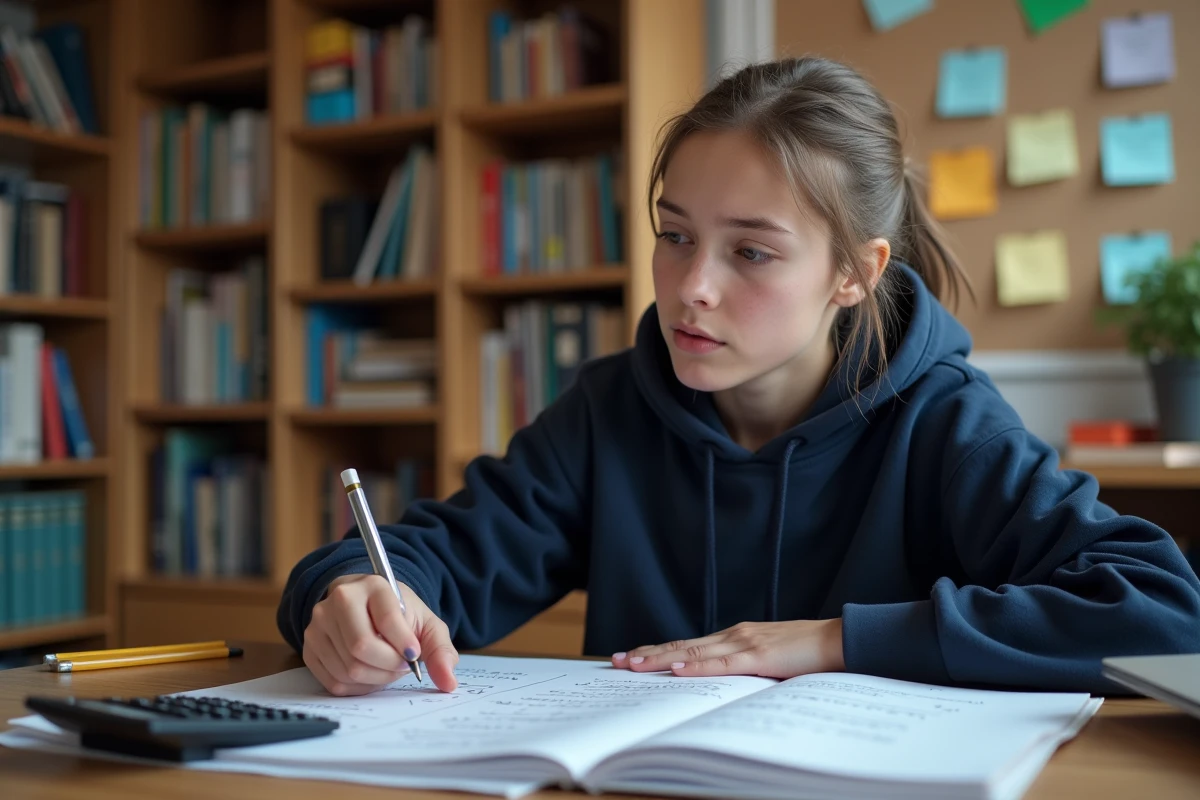 Lycéenne calculant sa moyenne du bac avec coefficients sur une feuille de notes posée sur un bureau en bois