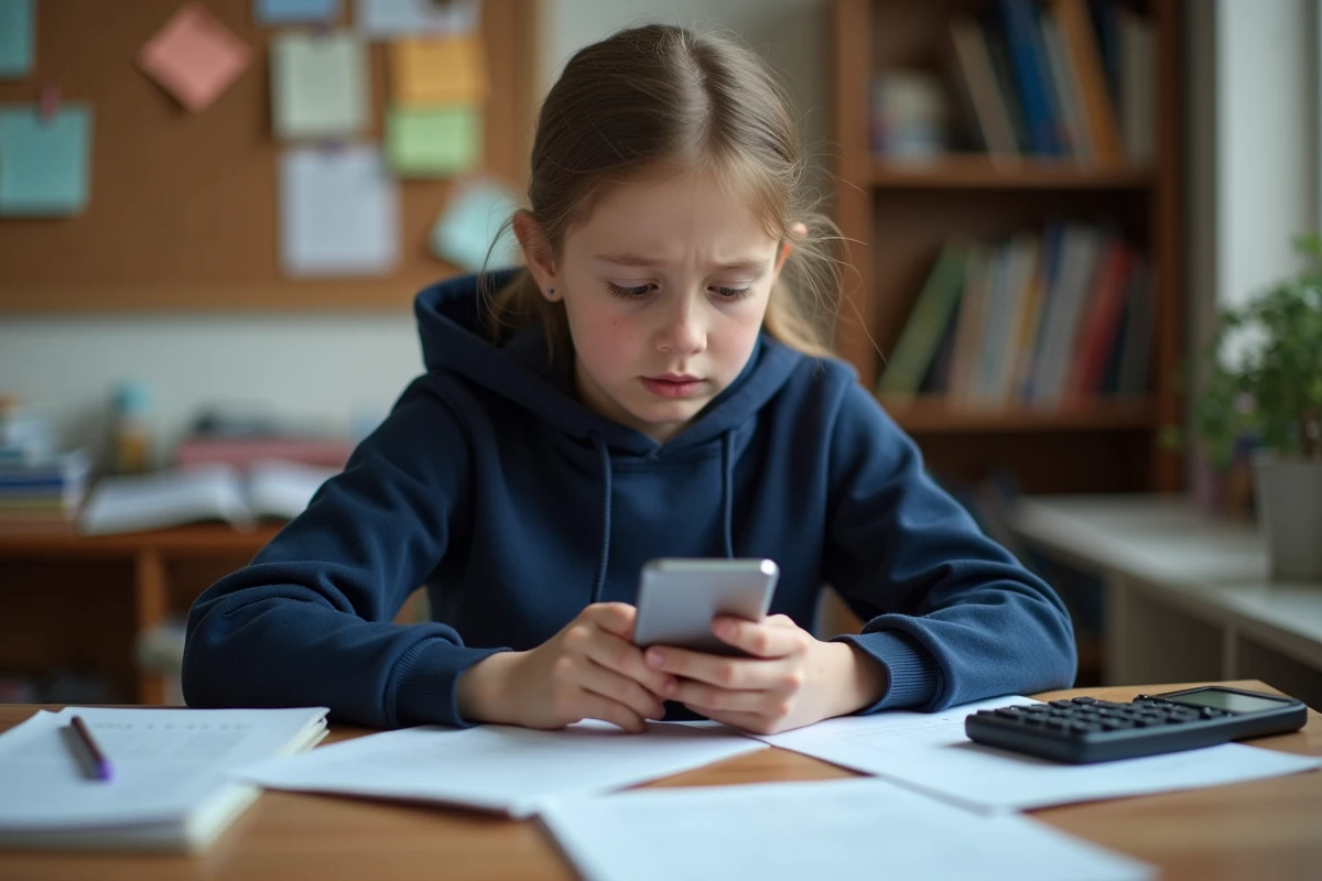 Lycéenne calculant sa moyenne scolaire sur smartphone avec des feuilles de notes sur un bureau en bois