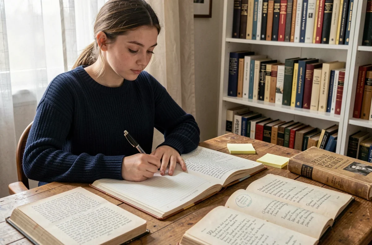Lycéenne annotant un poème dans un cahier pour préparer un commentaire composé au bac de français