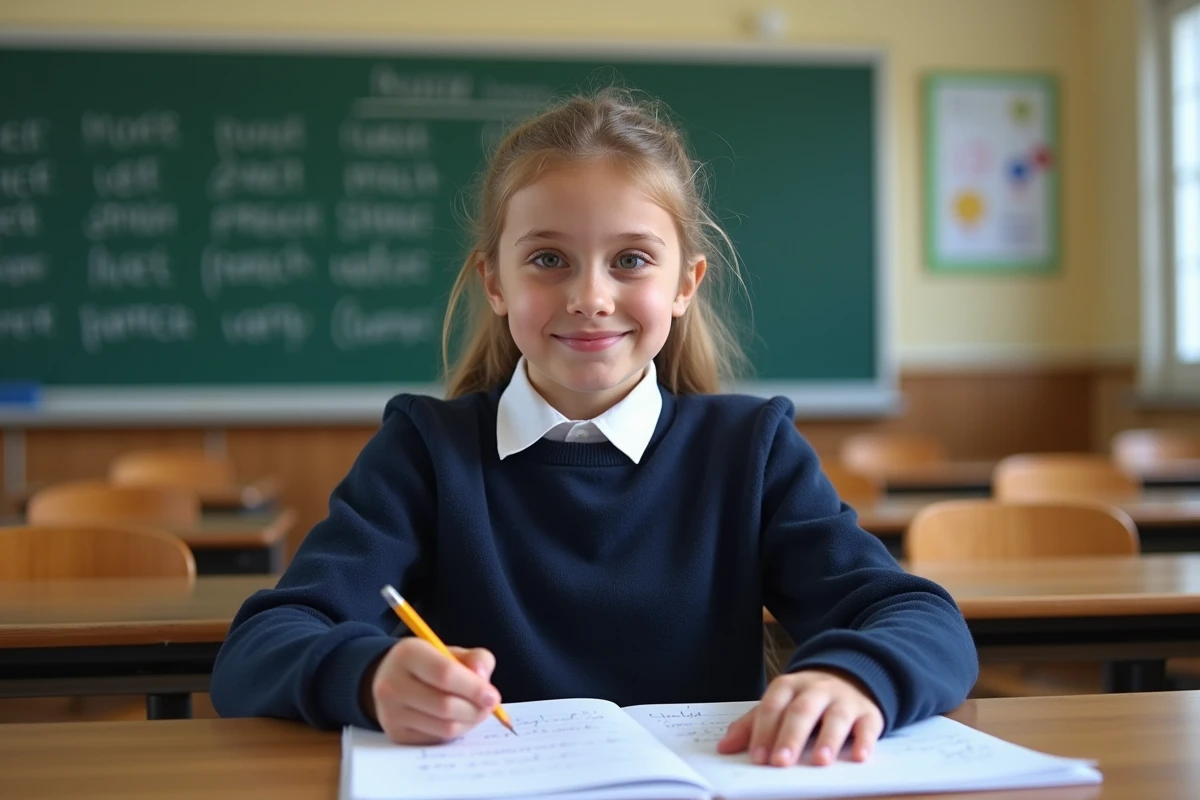Lycéenne souriante révisant un exercice de conjugaison des verbes du 2ème groupe dans une salle de classe