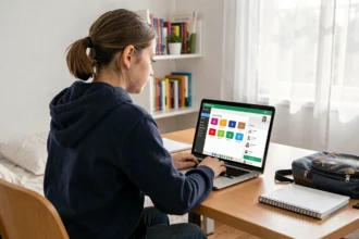 Lycéenne connectée à l'ENT Auvergne Rhône Alpes sur son ordinateur portable dans sa chambre