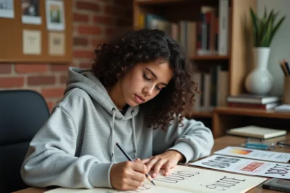 Lycéenne qui dessine des compositions typographiques dans son studio créatif pour préparer son dossier d'entrée aux Gobelins Paris