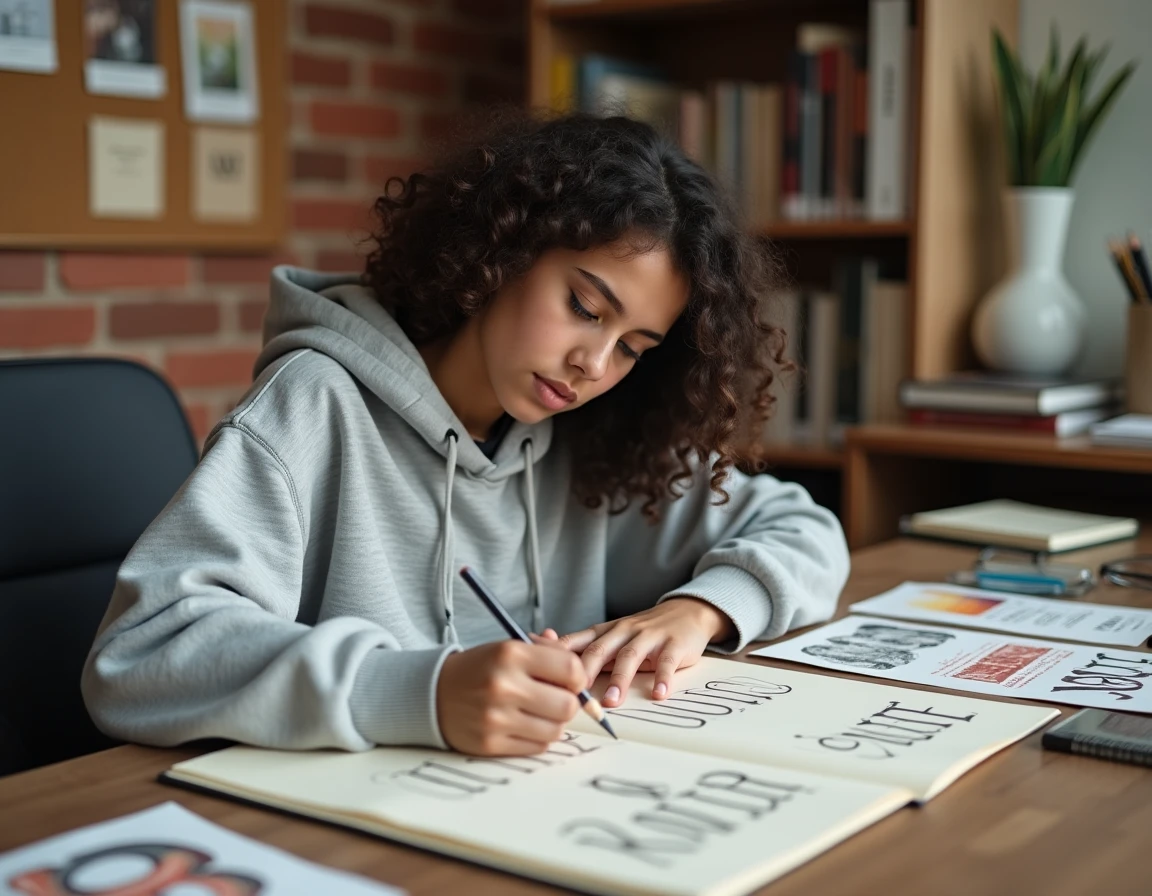 Lycéenne qui dessine des compositions typographiques dans son studio créatif pour préparer son dossier d'entrée aux Gobelins Paris