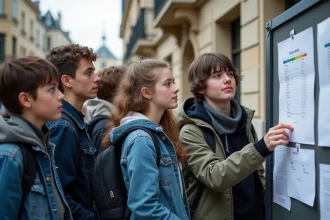Groupe de lycéens français devant un tableau d'affichage