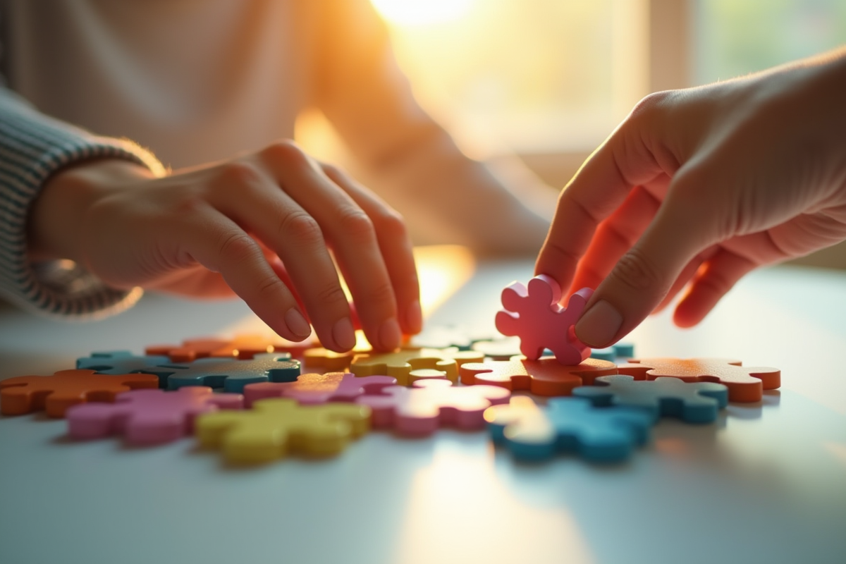 Mains empilant des pièces de puzzle colorées sur une surface lumineuse