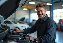 Jeune mecanicien souriant dans un atelier auto moderne